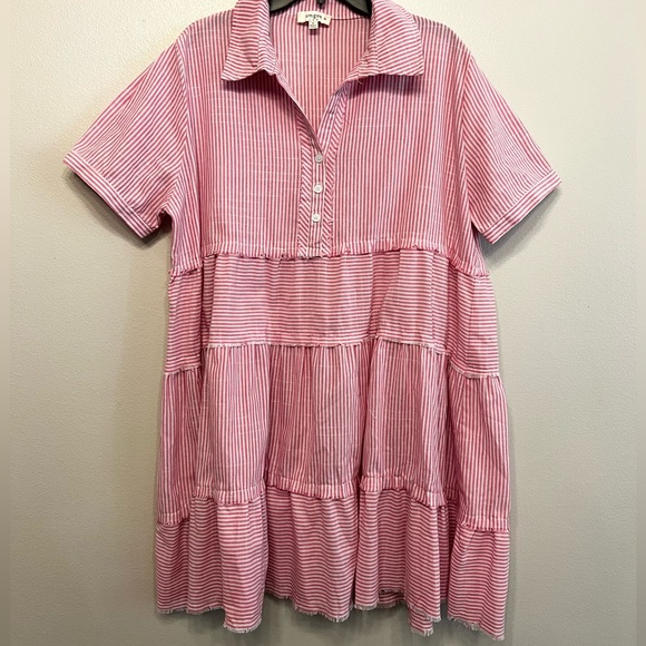 Umgee Dresses & Skirts - Umgee Pink and White Striped Tiered Dress